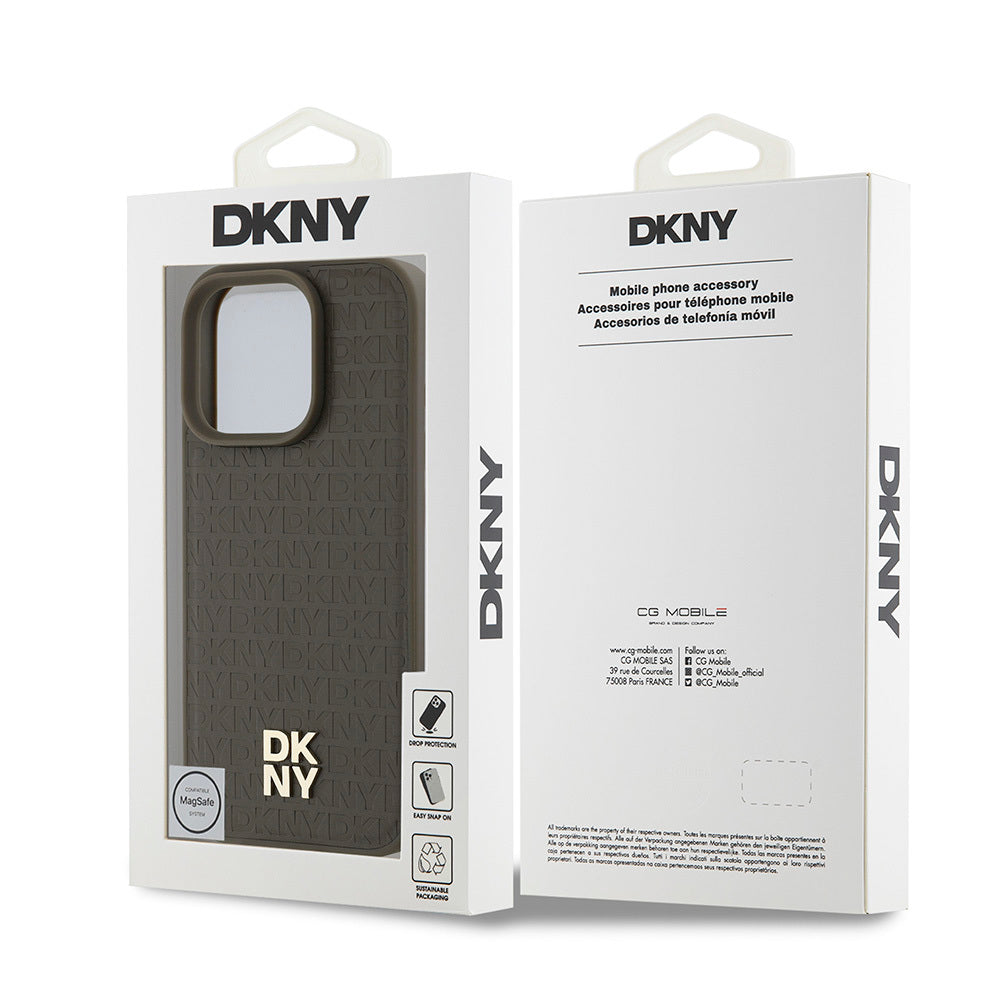 Apple iPhone 16 Pro Max Kılıf DKNY Orjinal Lisanslı Magsafe Şarj Özellikli 3D Yazılı Repeat Pattern Kapak Kahverengi