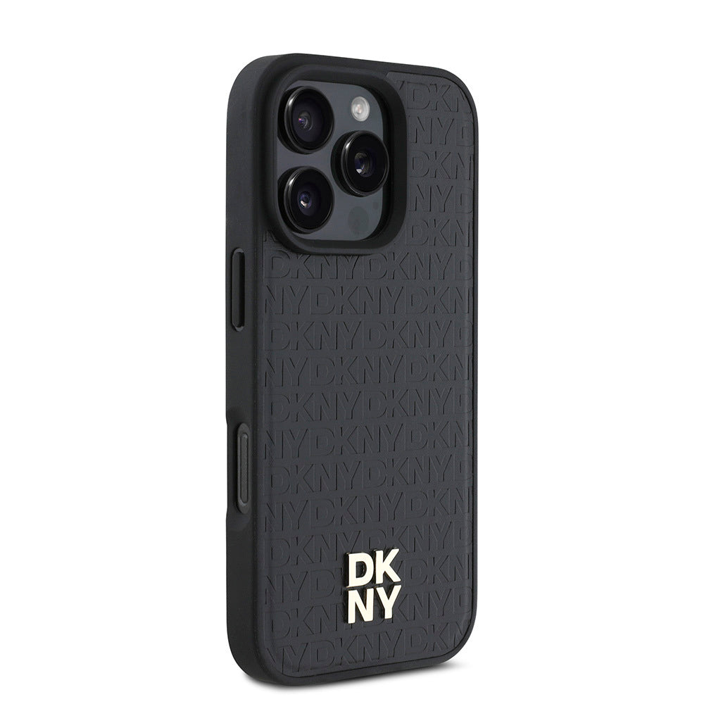Apple iPhone 16 Pro Max Kılıf DKNY Orjinal Lisanslı Magsafe Şarj Özellikli 3D Yazılı Repeat Pattern Kapak Siyah