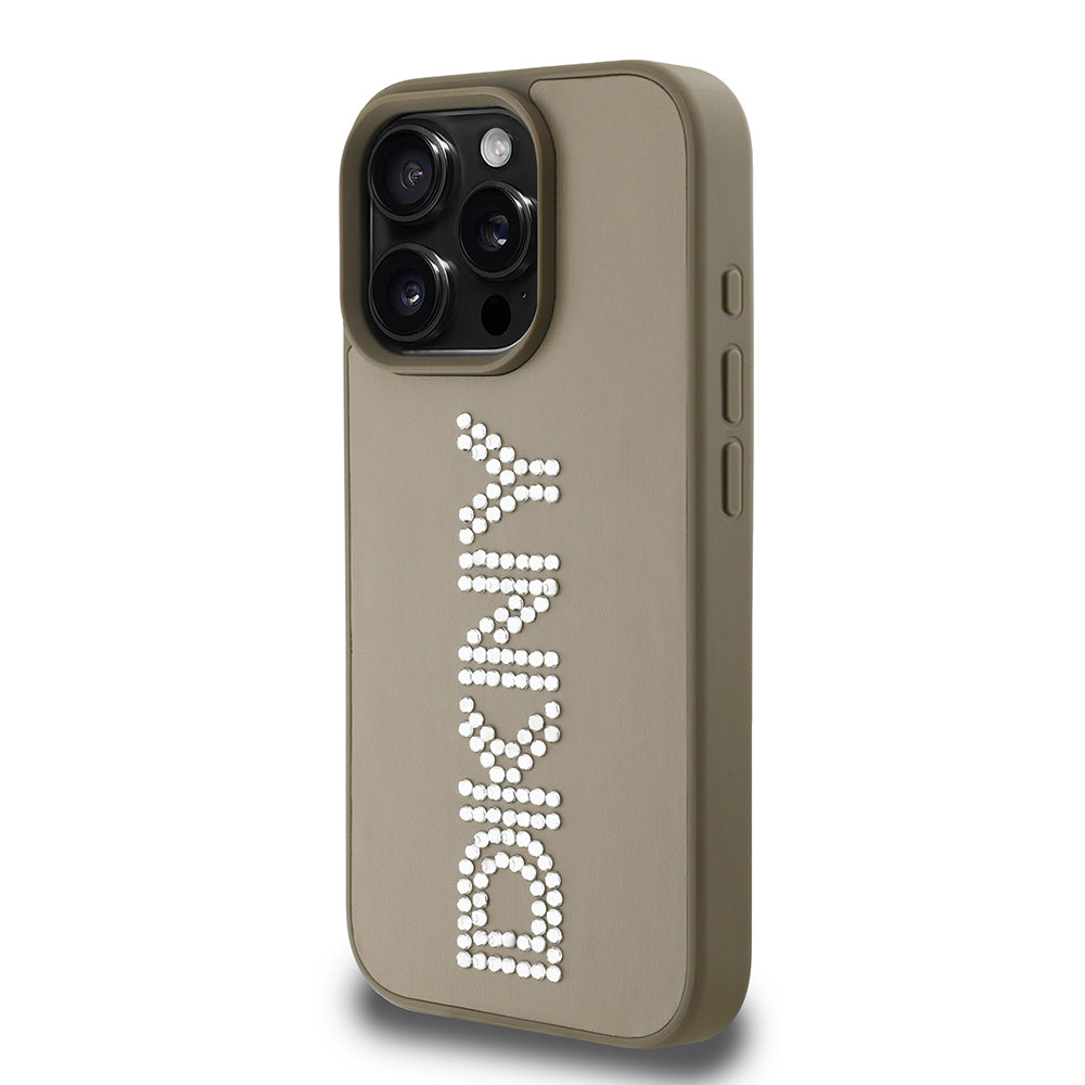 Apple iPhone 16 Pro Max Kılıf DKNY Orjinal Lisanslı Taşlı DKNY Yazılı Metalik Rhinestones PU Deri Kapak Siyah