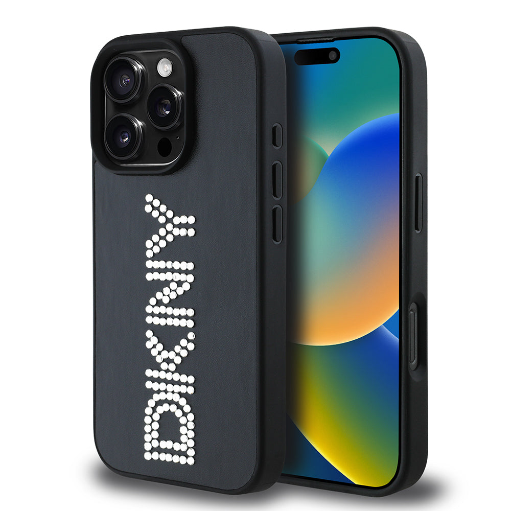Apple iPhone 16 Pro Max Kılıf DKNY Orjinal Lisanslı Taşlı DKNY Yazılı Metalik Rhinestones PU Deri Kapak Siyah