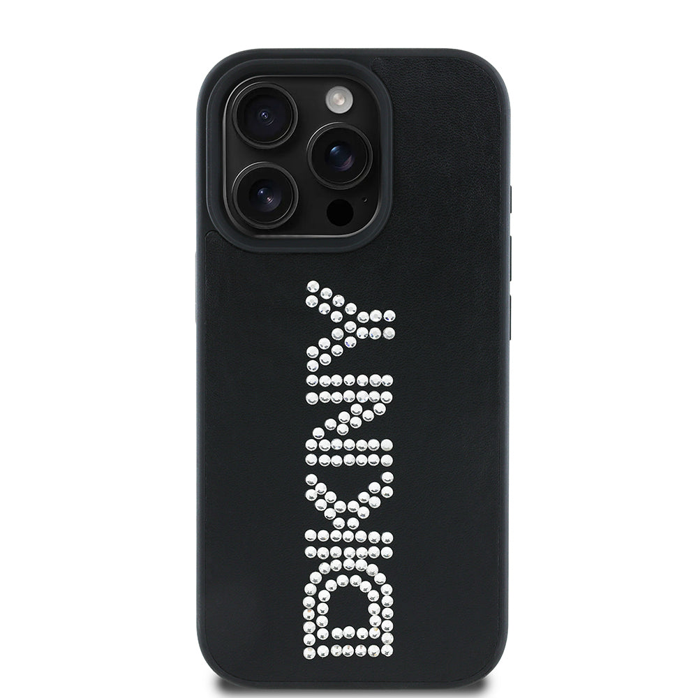 Apple iPhone 16 Pro Max Kılıf DKNY Orjinal Lisanslı Taşlı DKNY Yazılı Metalik Rhinestones PU Deri Kapak Siyah