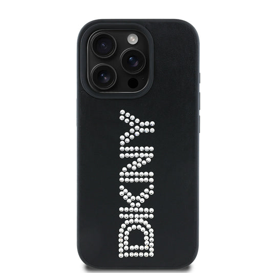 Apple iPhone 16 Pro Max Kılıf DKNY Orjinal Lisanslı Taşlı DKNY Yazılı Metalik Rhinestones PU Deri Kapak Siyah