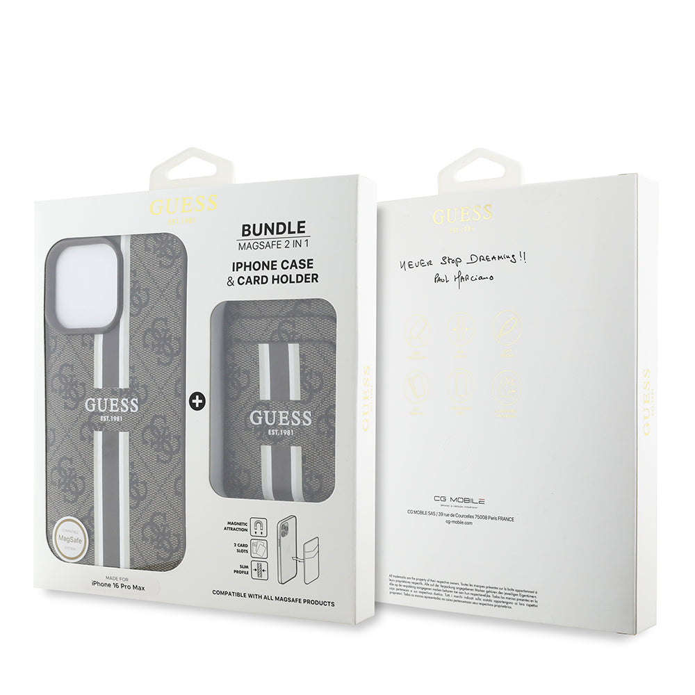 Apple iPhone 16 Pro Max Kılıf Guess Orjinal Lisanslı Magsafe Şarj Özellikli 4G Desenli Çizgili Kartlıklı Kapak Kahverengi