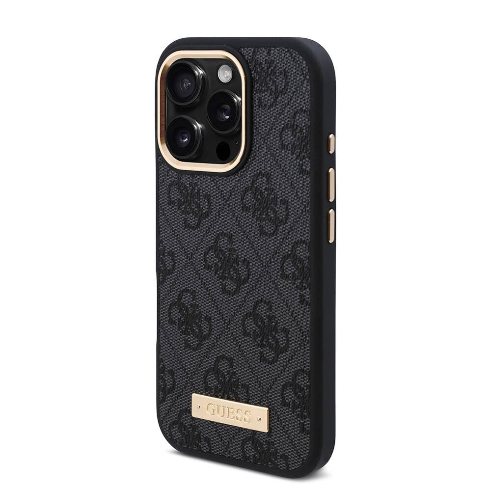 Apple iPhone 16 Pro Max Kılıf Guess Orjinal Lisanslı Magsafe Şarj Özellikli 4G Desenli PU Metal Plaka Klasik Logolu Kapak Pembe