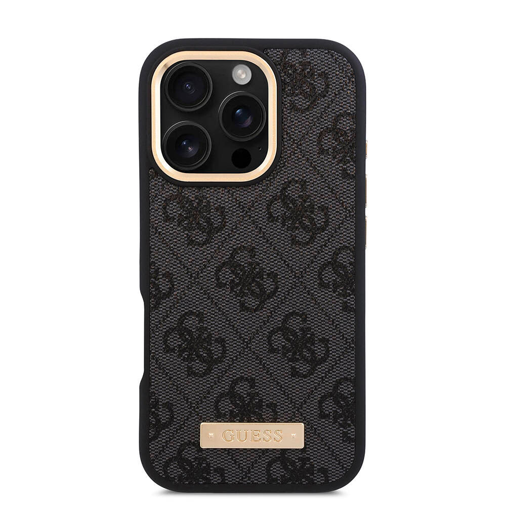 Apple iPhone 16 Pro Max Kılıf Guess Orjinal Lisanslı Magsafe Şarj Özellikli 4G Desenli PU Metal Plaka Klasik Logolu Kapak Kahverengi