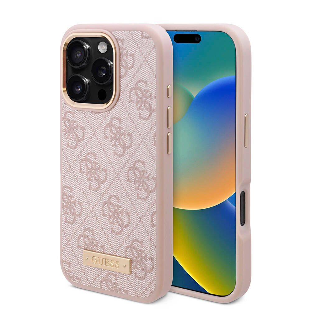 Apple iPhone 16 Pro Max Kılıf Guess Orjinal Lisanslı Magsafe Şarj Özellikli 4G Desenli PU Metal Plaka Klasik Logolu Kapak Kahverengi