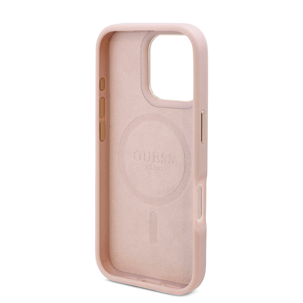 Apple iPhone 16 Pro Max Kılıf Guess Orjinal Lisanslı Magsafe Şarj Özellikli 4G Desenli PU Metal Plaka Klasik Logolu Kapak Siyah