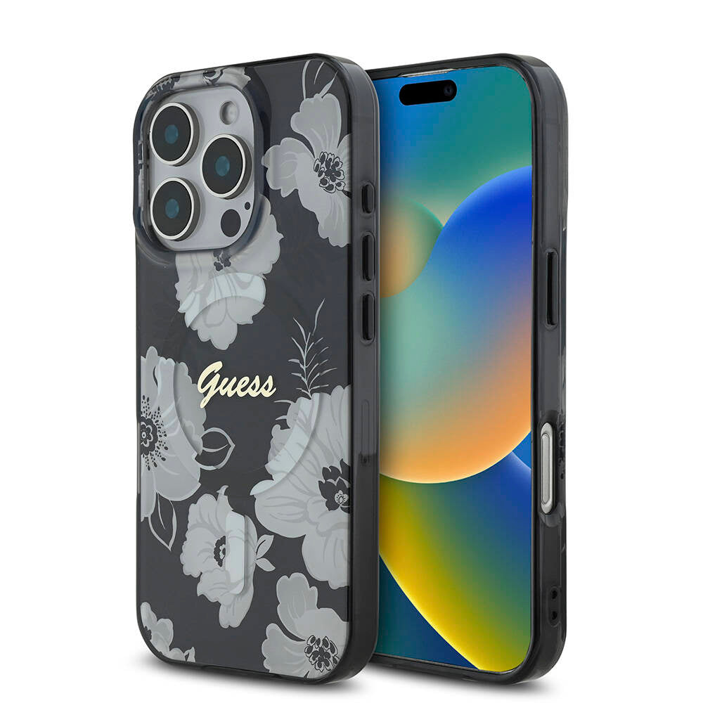 Apple iPhone 16 Pro Max Kılıf Guess Orjinal Lisanslı Magsafe Şarj Özellikli Flower Tone On Tone Ring Kapak Siyah