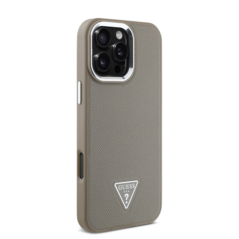 Apple iPhone 16 Pro Max Kılıf Guess Orjinal Lisanslı Magsafe Şarj Özellikli Grained Triangle Kapak Kahverengi