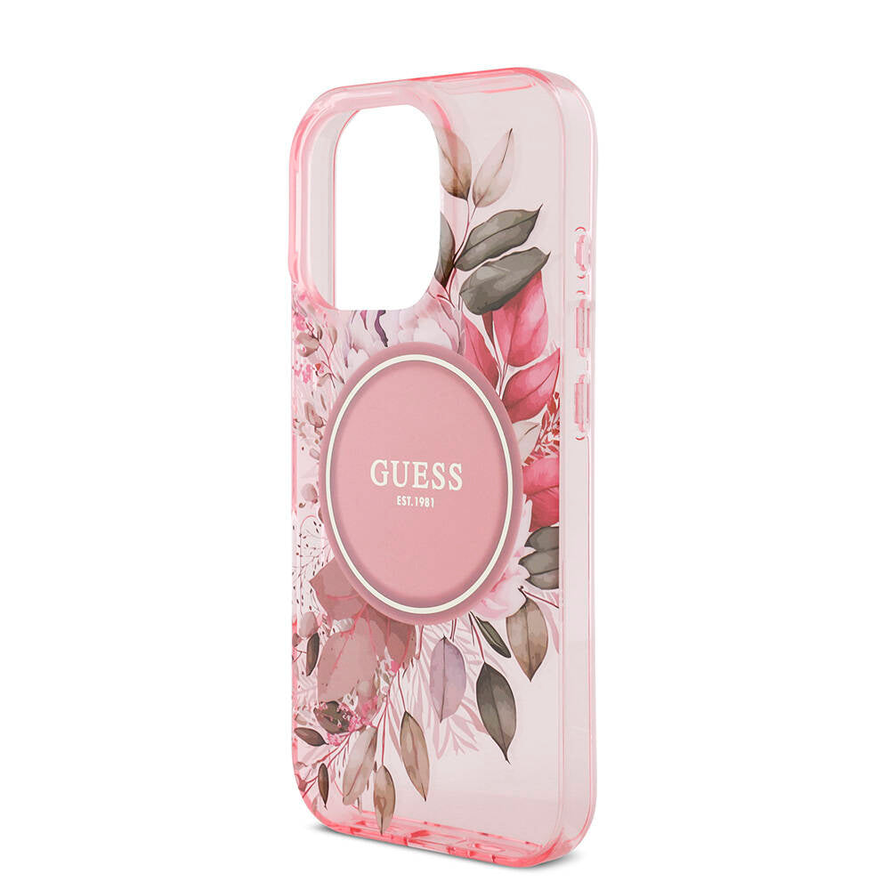 Apple iPhone 16 Pro Max Kılıf Guess Orjinal Lisanslı Magsafe Şarj Özellikli IML Baskılı Çiçek İnci Bileklikli Kapak Pembe