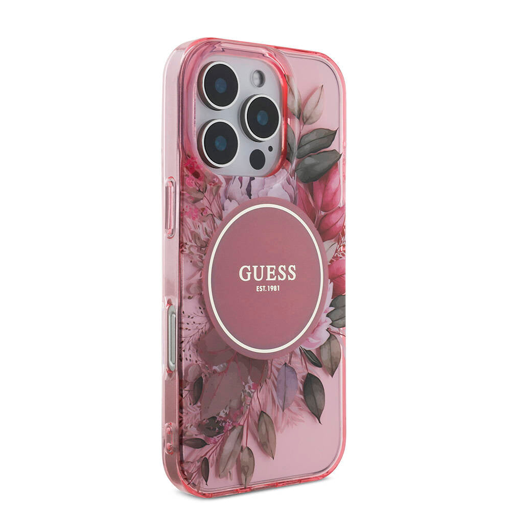 Apple iPhone 16 Pro Max Kılıf Guess Orjinal Lisanslı Magsafe Şarj Özellikli IML Baskılı Çiçek İnci Bileklikli Kapak Mor