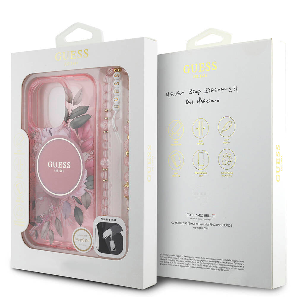 Apple iPhone 16 Pro Max Kılıf Guess Orjinal Lisanslı Magsafe Şarj Özellikli IML Baskılı Çiçek İnci Bileklikli Kapak Siyah