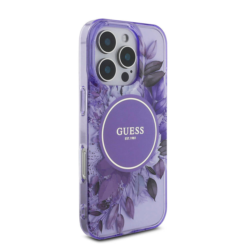 Apple iPhone 16 Pro Max Kılıf Guess Orjinal Lisanslı Magsafe Şarj Özellikli IML Baskılı Çiçek İnci Bileklikli Kapak Siyah