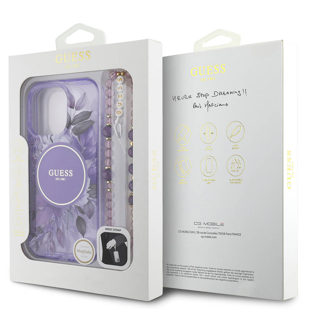 Apple iPhone 16 Pro Max Kılıf Guess Orjinal Lisanslı Magsafe Şarj Özellikli IML Baskılı Çiçek İnci Bileklikli Kapak Yeşil