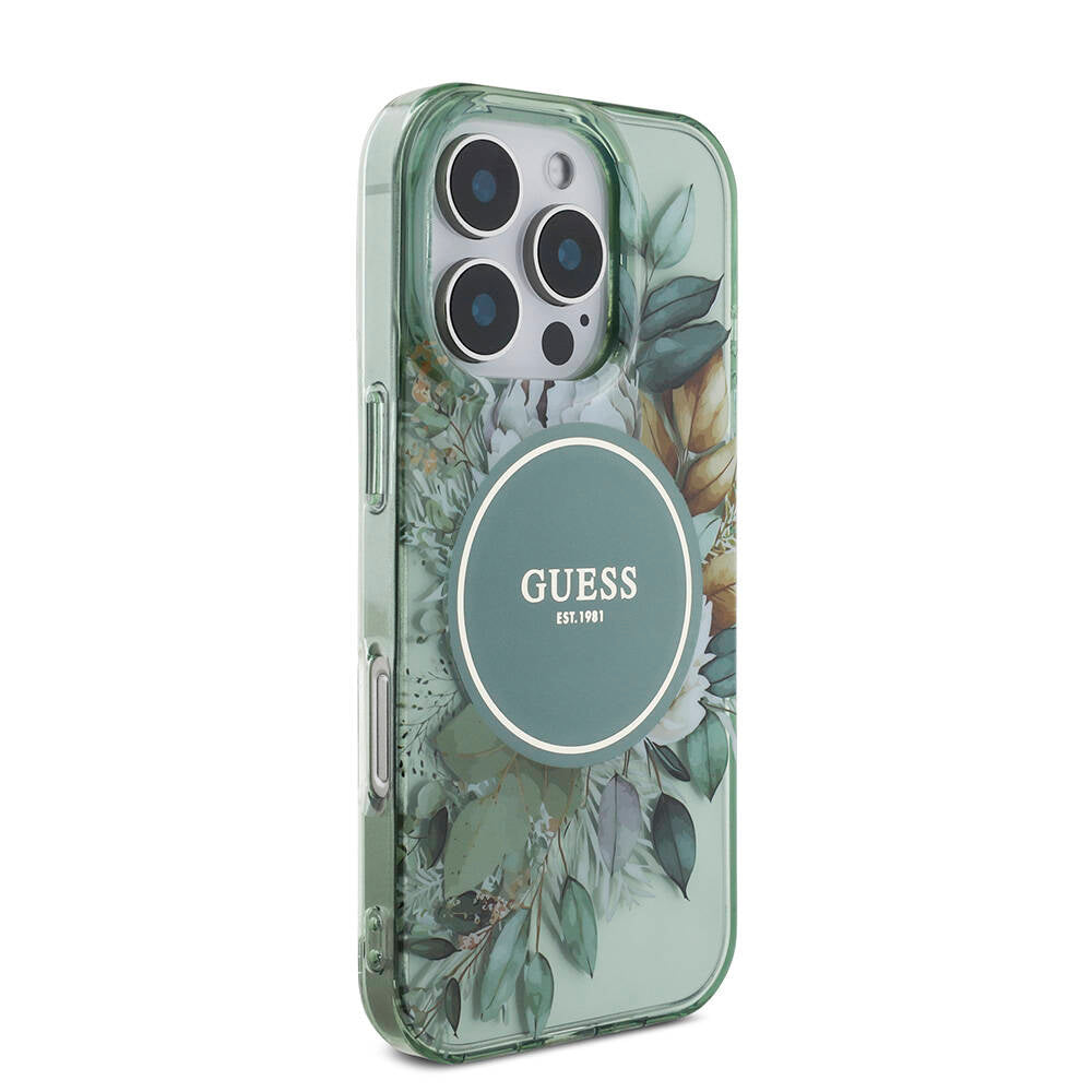 Apple iPhone 16 Pro Max Kılıf Guess Orjinal Lisanslı Magsafe Şarj Özellikli IML Baskılı Çiçek İnci Bileklikli Kapak Yeşil