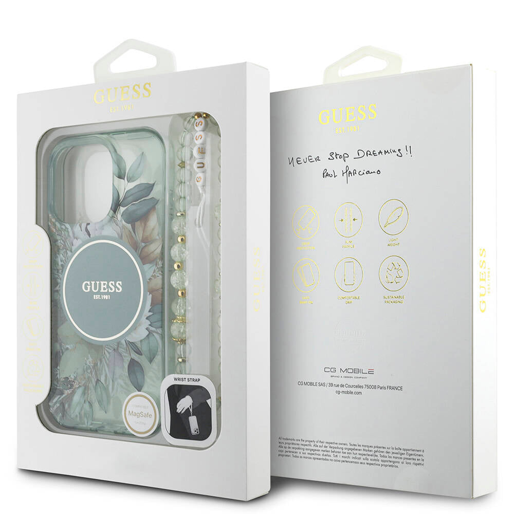 Apple iPhone 16 Pro Max Kılıf Guess Orjinal Lisanslı Magsafe Şarj Özellikli IML Baskılı Çiçek İnci Bileklikli Kapak Pembe