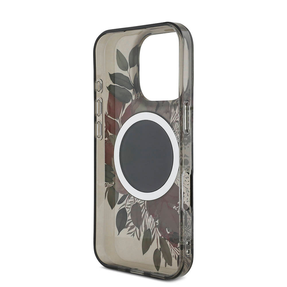 Apple iPhone 16 Pro Max Kılıf Guess Orjinal Lisanslı Magsafe Şarj Özellikli IML Baskılı Çiçek İnci Bileklikli Kapak Siyah