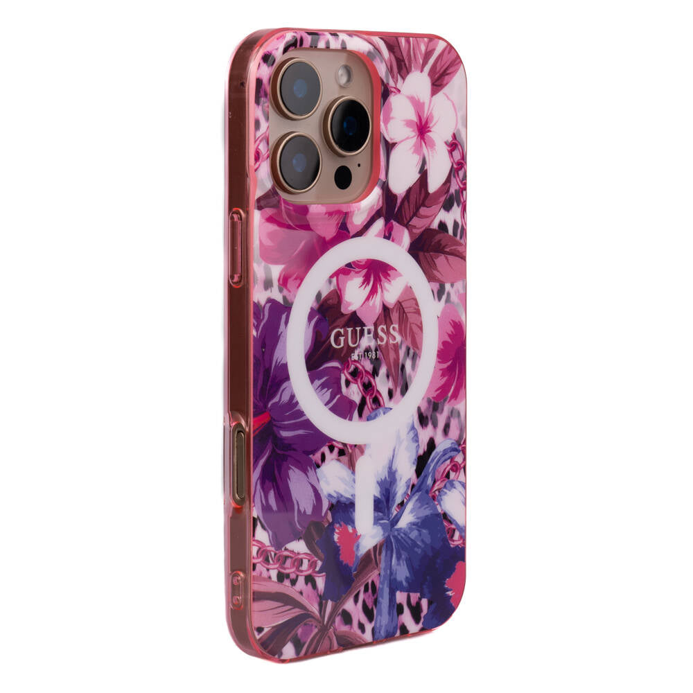 Apple iPhone 16 Pro Max Kılıf Guess Orjinal Lisanslı Magsafe Şarj Özellikli IML Baskılı Jungle Ring Kapak Mor