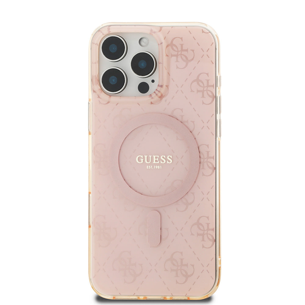 Apple iPhone 16 Pro Max Kılıf Guess Orjinal Lisanslı Magsafe Şarj Özellikli IML Baskılı Klasik Logolu 4G Desenli Kapak Kahverengi