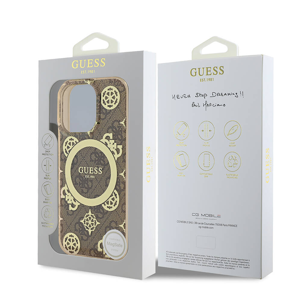 Apple iPhone 16 Pro Max Kılıf Guess Orjinal Lisanslı Magsafe Şarj Özellikli IML Peony ve 4G Desenli Klasik Logolu Kapak Pembe