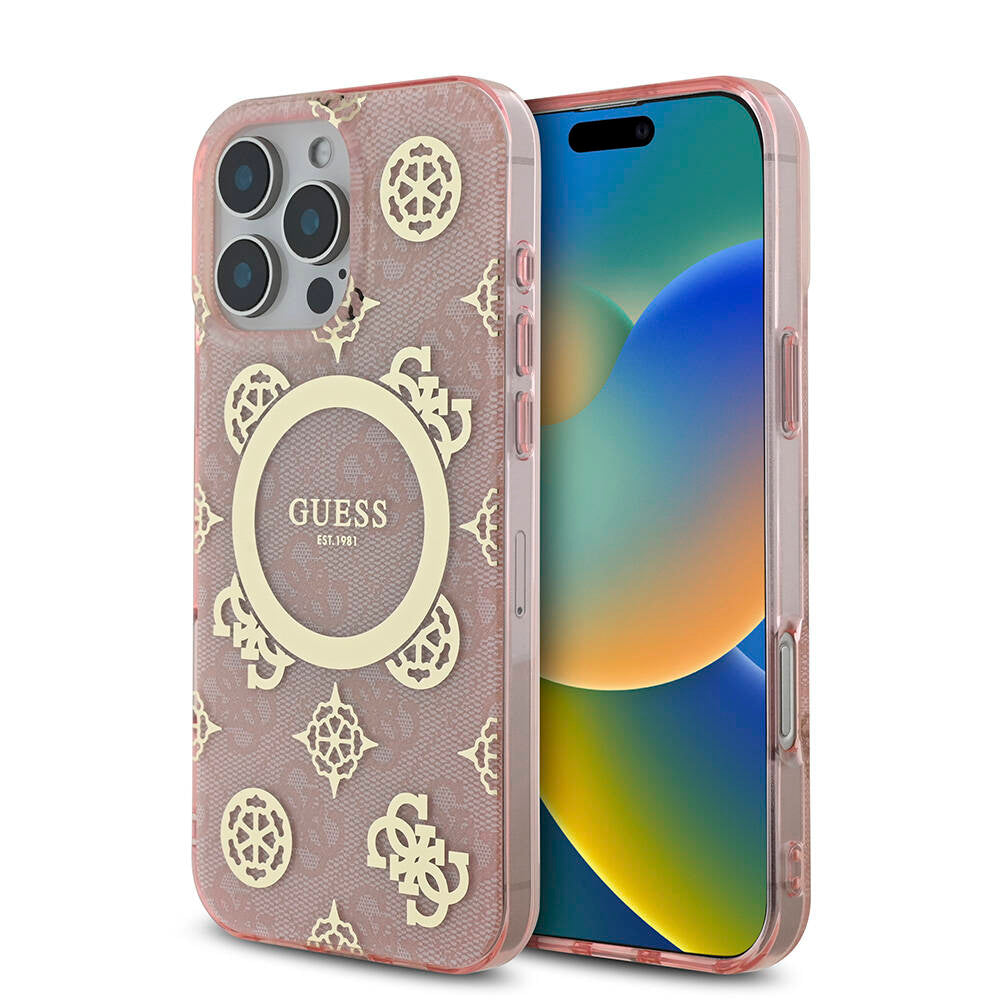 Apple iPhone 16 Pro Max Kılıf Guess Orjinal Lisanslı Magsafe Şarj Özellikli IML Peony ve 4G Desenli Klasik Logolu Kapak Siyah