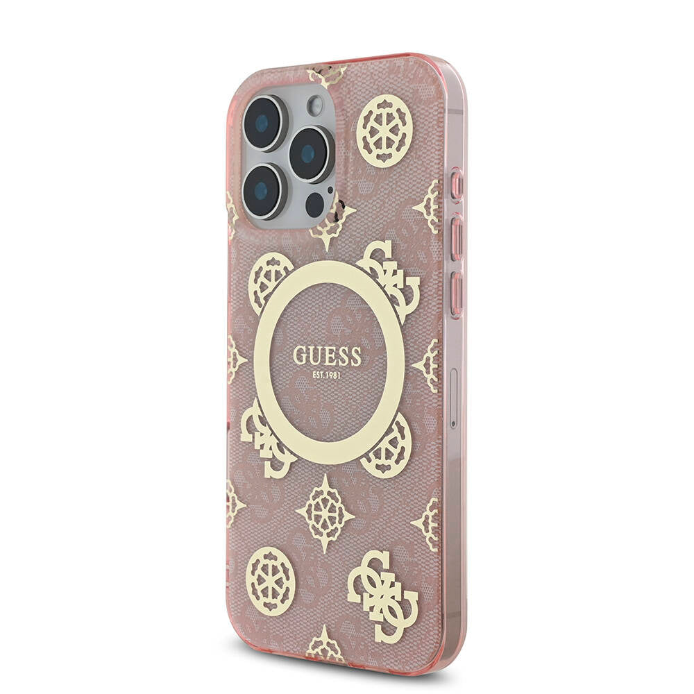 Apple iPhone 16 Pro Max Kılıf Guess Orjinal Lisanslı Magsafe Şarj Özellikli IML Peony ve 4G Desenli Klasik Logolu Kapak Siyah