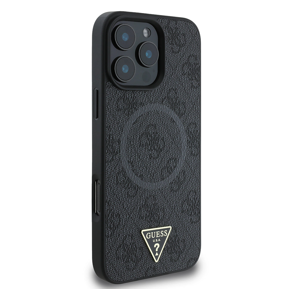 Apple iPhone 16 Pro Max Kılıf Guess Orjinal Lisanslı Magsafe Şarj Özellikli PU Üçgen Logo 4G Desenli Kapak Kahverengi