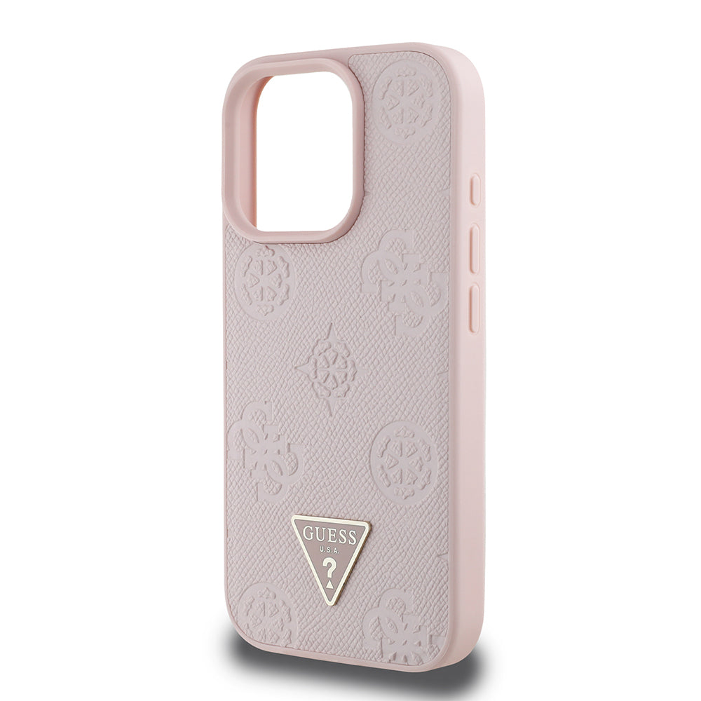 Apple iPhone 16 Pro Max Kılıf Guess Orjinal Lisanslı M-safe Şarj Özellikli Sıcak Baskılı Üçgen Logolu PU Deri Peony Kapak Pembe