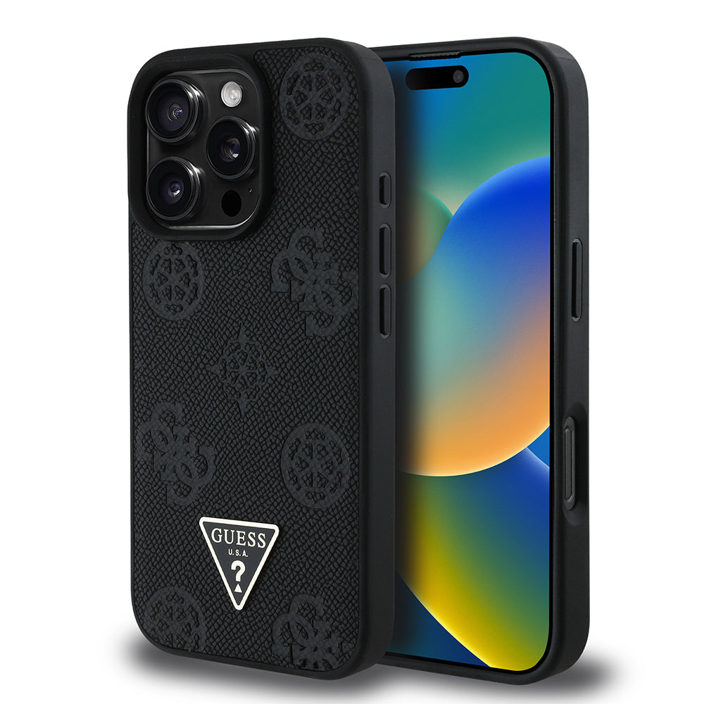 Apple iPhone 16 Pro Max Kılıf Guess Orjinal Lisanslı M-safe Şarj Özellikli Sıcak Baskılı Üçgen Logolu PU Deri Peony Kapak Pembe