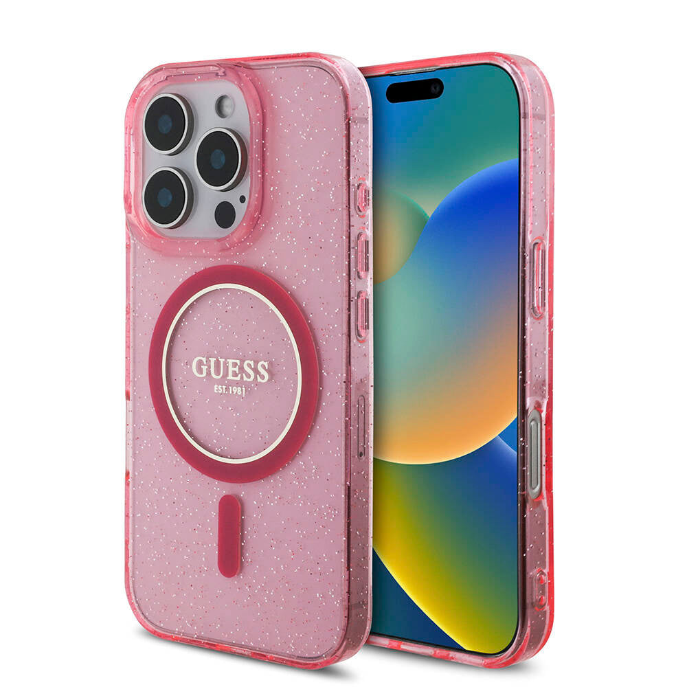 Apple iPhone 16 Pro Max Kılıf Guess Orjinal Lisanslı Magsafe Şarj Özellikli Simli Silikon İnci Bileklikli Kapak Pembe