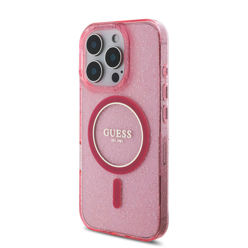 Apple iPhone 16 Pro Max Kılıf Guess Orjinal Lisanslı Magsafe Şarj Özellikli Simli Silikon İnci Bileklikli Kapak Pembe