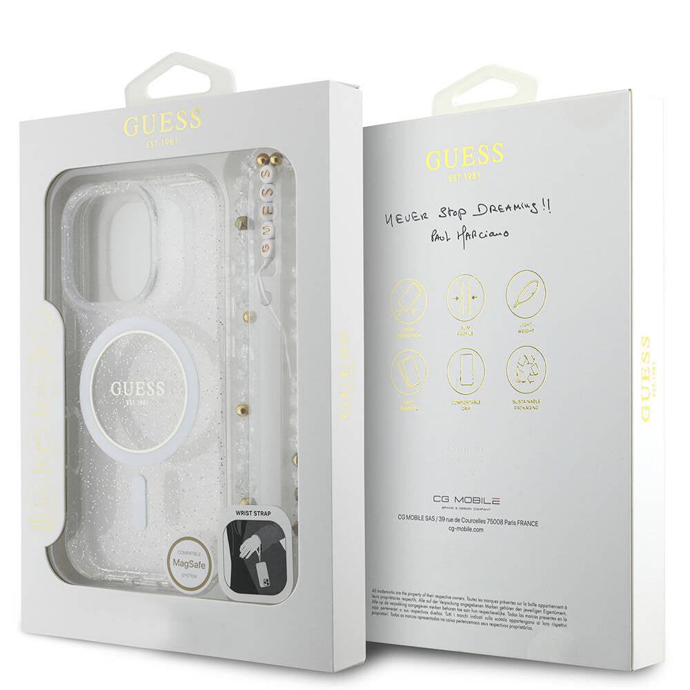 Apple iPhone 16 Pro Max Kılıf Guess Orjinal Lisanslı Magsafe Şarj Özellikli Simli Silikon İnci Bileklikli Kapak Şeffaf