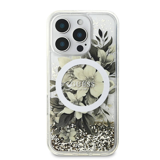 Apple iPhone 16 Pro Max Kılıf Guess Orjinal Lisanslı Magsafe Şarj Özellikli Sıvılı Simli Çiçek Desenli Kapak Bej