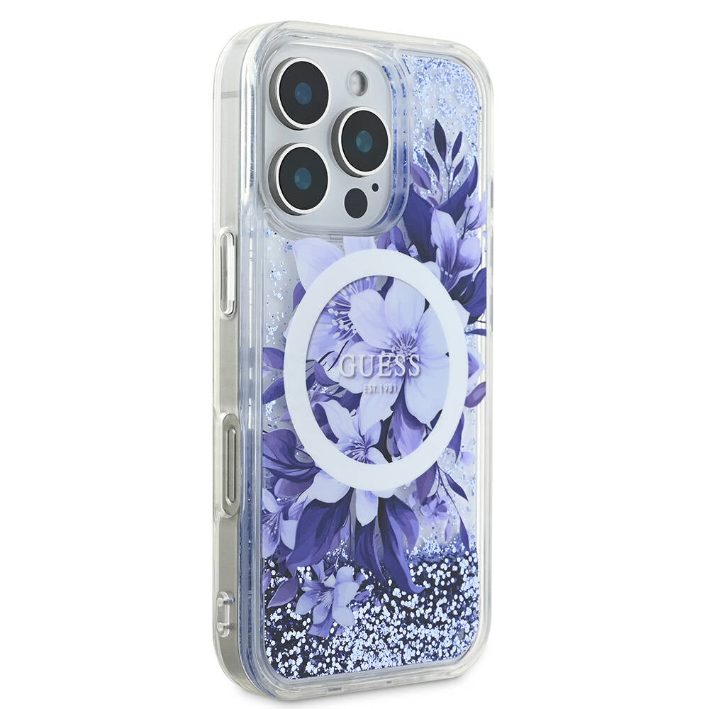 Apple iPhone 16 Pro Max Kılıf Guess Orjinal Lisanslı Magsafe Şarj Özellikli Sıvılı Simli Çiçek Desenli Kapak Yeşil