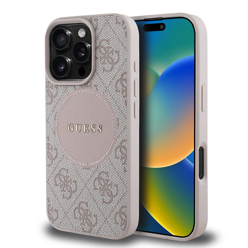 Apple iPhone 16 Pro Max Kılıf Guess Orjinal Lisanslı M-safe Şarj Özellikli Yazı Logolu Circle Classic Kapak Kahverengi