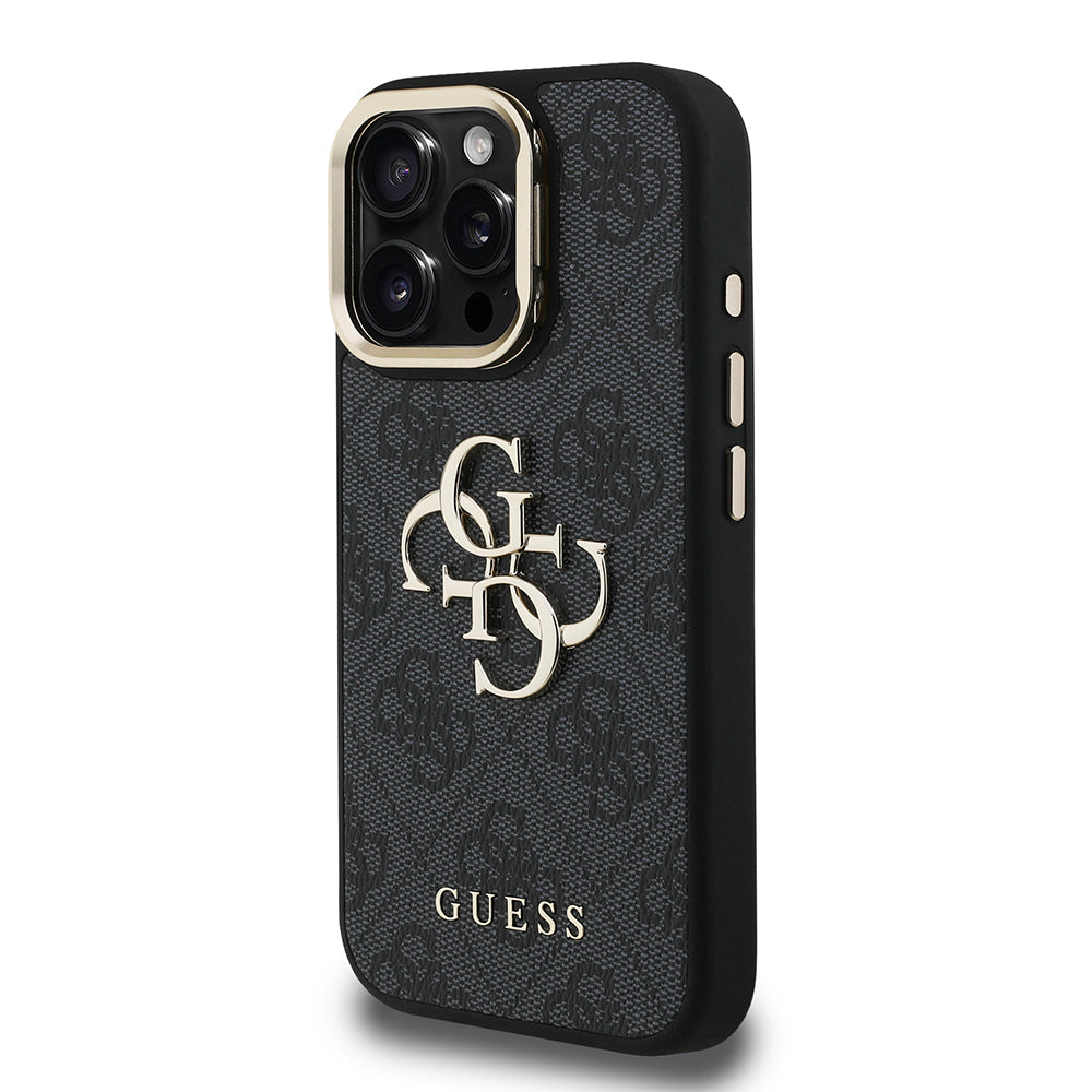Apple iPhone 16 Pro Max Kılıf Guess Orjinal Lisanslı PU Deri 4G Desenli Metal Büyük 4G ve Yazı Logolu Kamera Standlı Kapak Siyah