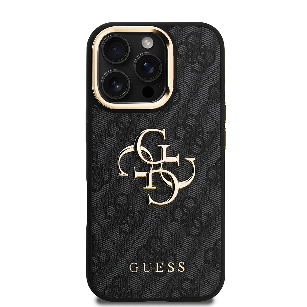 Apple iPhone 16 Pro Max Kılıf Guess Orjinal Lisanslı PU Deri 4G Desenli Metal Büyük 4G ve Yazı Logolu Kamera Standlı Kapak Siyah