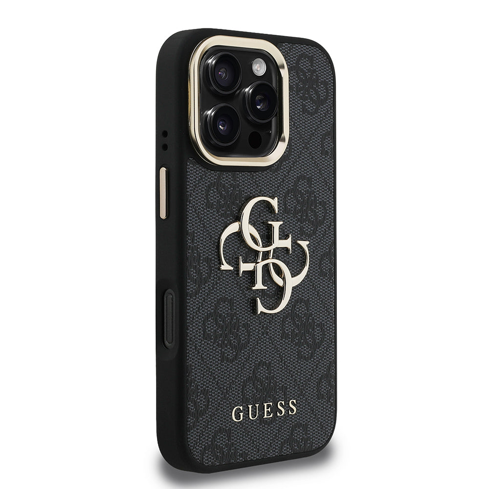 Apple iPhone 16 Pro Max Kılıf Guess Orjinal Lisanslı PU Deri 4G Desenli Metal Büyük 4G ve Yazı Logolu Kamera Standlı Kapak Siyah