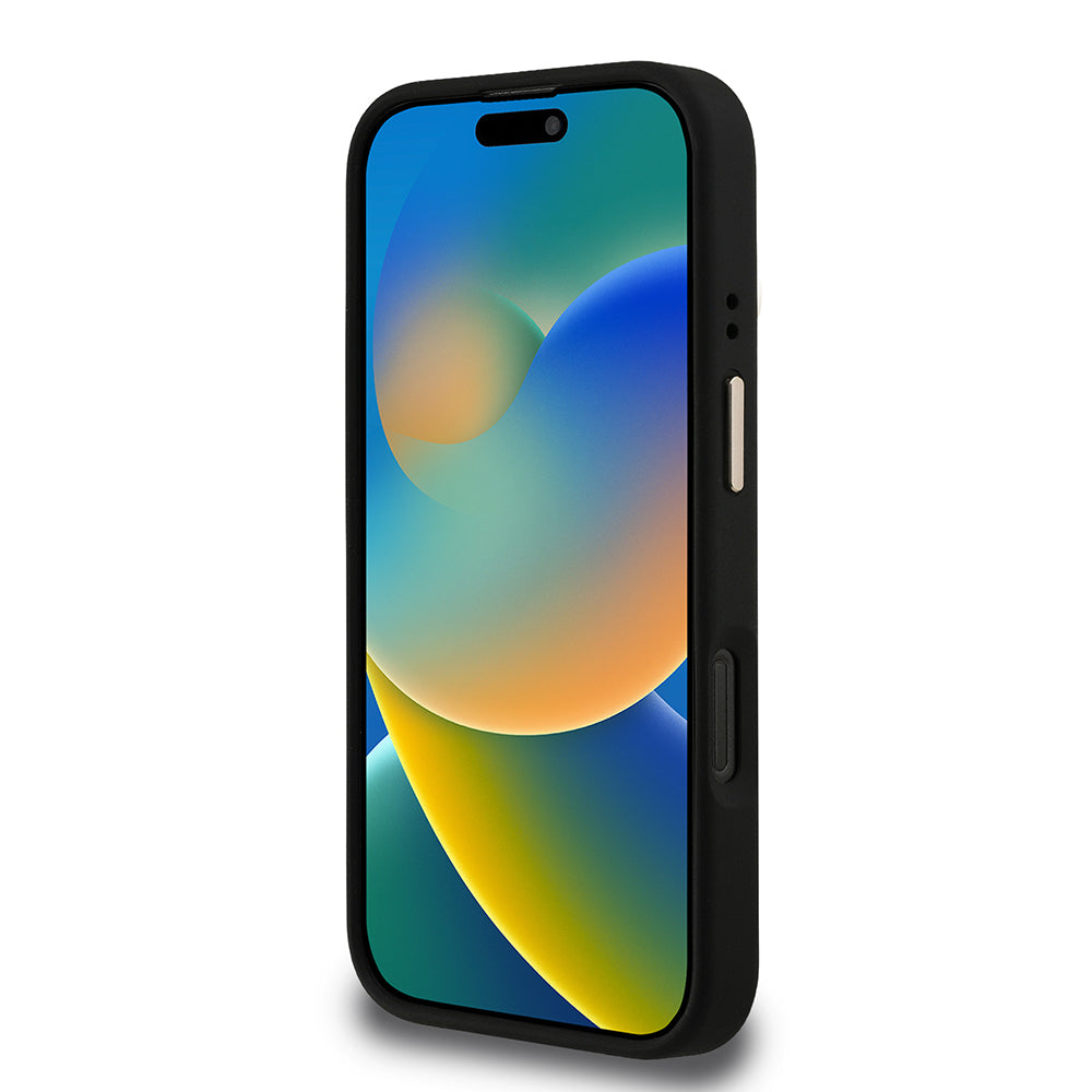 Apple iPhone 16 Pro Max Kılıf Guess Orjinal Lisanslı PU Deri 4G Desenli Metal Büyük 4G ve Yazı Logolu Kamera Standlı Kapak Siyah