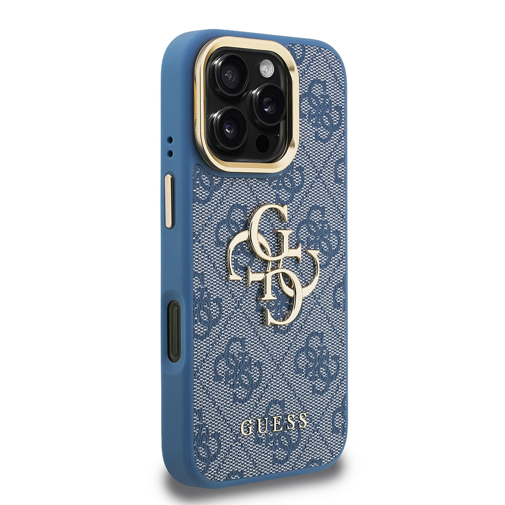 Apple iPhone 16 Pro Max Kılıf Guess Orjinal Lisanslı PU Deri 4G Desenli Metal Büyük 4G ve Yazı Logolu Kamera Standlı Kapak Siyah