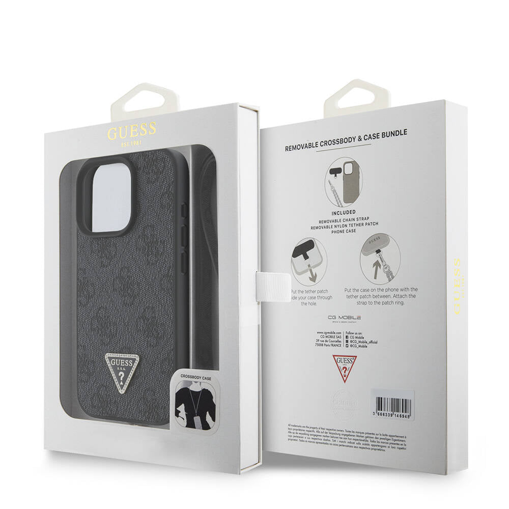 Apple iPhone 16 Pro Max Kılıf Guess Orjinal Lisanslı PU Deri Taşlı Metal Üçgen Logolu Çapraz Vücut Askılı 4G Desenli Kapak Kahverengi