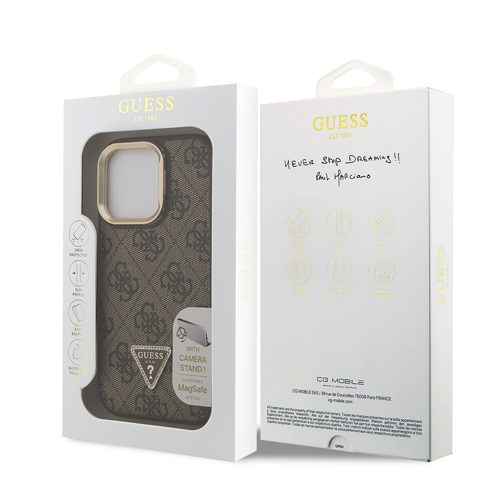 Apple iPhone 16 Pro Max Kılıf Guess Orjinal Lisanslı PU Deri Taşlı Üçgen Logo 4G Desenli Kamera Standlı Kapak Siyah