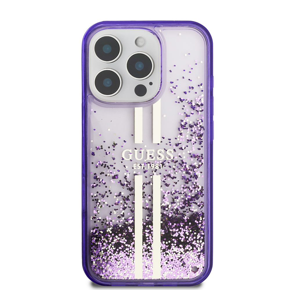 Apple iPhone 16 Pro Max Kılıf Guess Orjinal Lisanslı Transparan Sıvılı Simli Altın Çizgili Kapak Mor