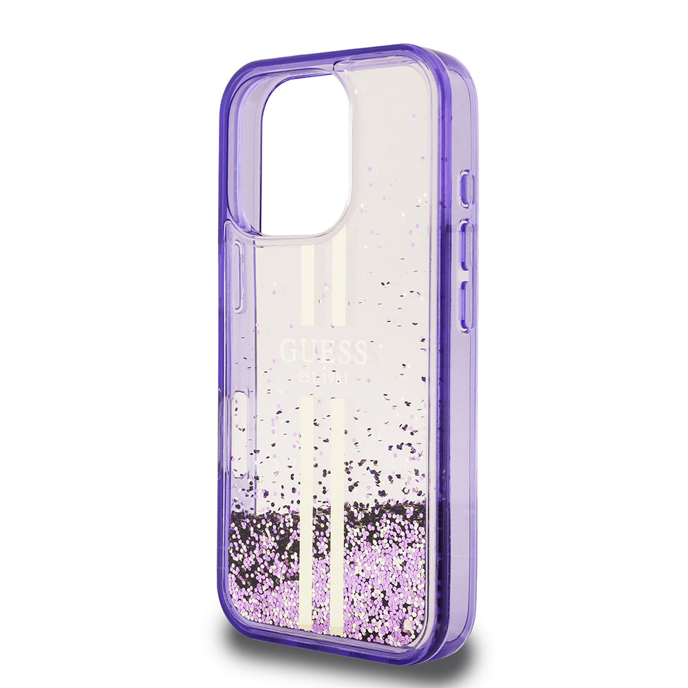 Apple iPhone 16 Pro Max Kılıf Guess Orjinal Lisanslı Transparan Sıvılı Simli Altın Çizgili Kapak Mor