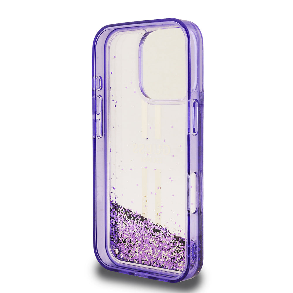 Apple iPhone 16 Pro Max Kılıf Guess Orjinal Lisanslı Transparan Sıvılı Simli Altın Çizgili Kapak Pembe