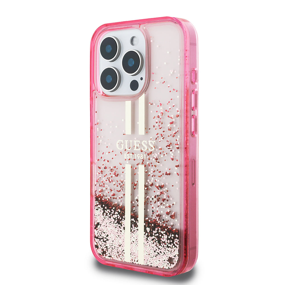 Apple iPhone 16 Pro Max Kılıf Guess Orjinal Lisanslı Transparan Sıvılı Simli Altın Çizgili Kapak Pembe