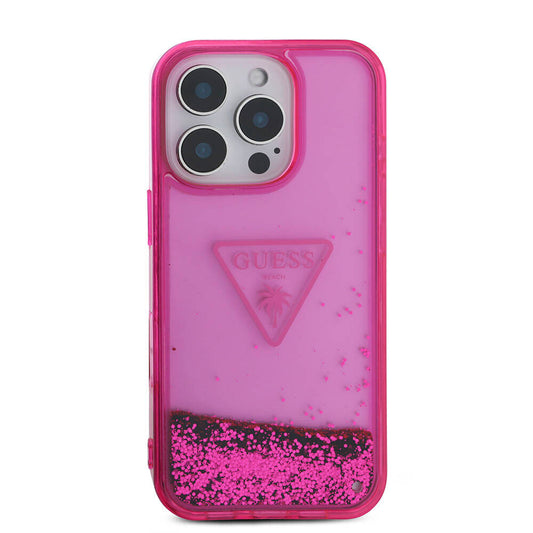 Apple iPhone 16 Pro Max Kılıf Guess Orjinal Lisanslı Transparan Sıvılı Simli Dizayn Kapak Pembe