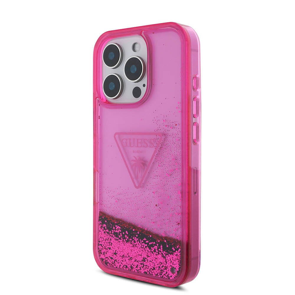 Apple iPhone 16 Pro Max Kılıf Guess Orjinal Lisanslı Transparan Sıvılı Simli Dizayn Kapak Pembe