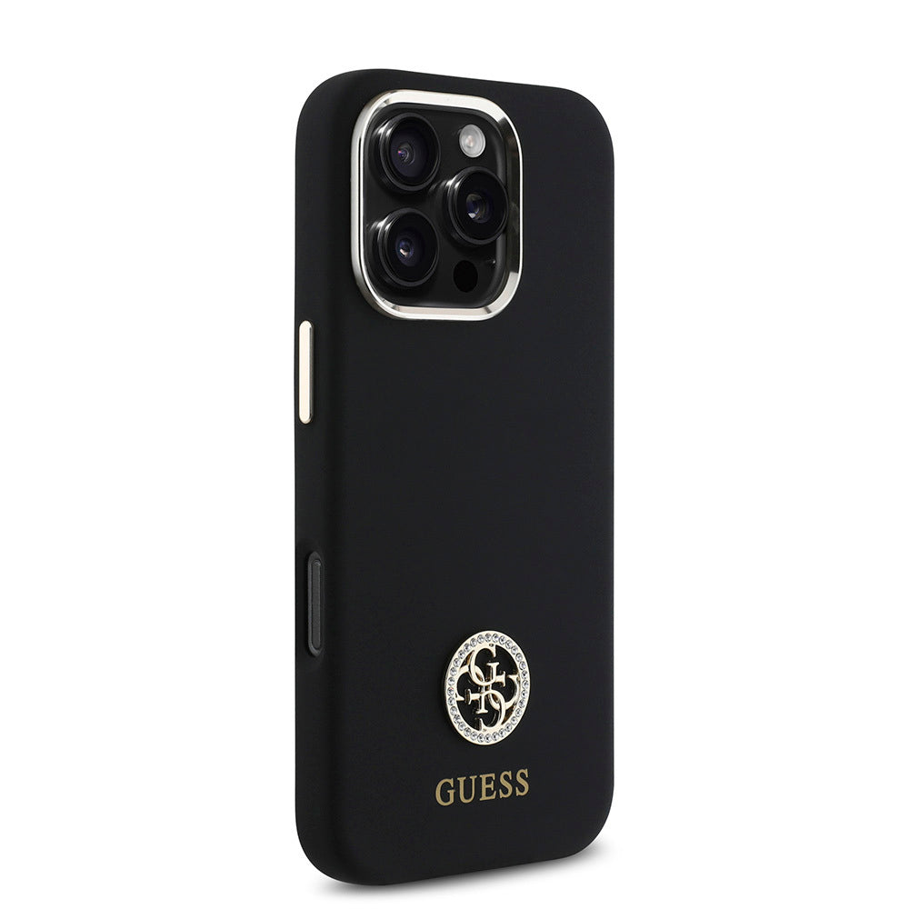 Apple iPhone 16 Pro Max Kılıf Guess Orjinal Lisanslı Yazı ve Taşlı 4G Logolu Metal Kamera Çerçeveli Silikon Kapak Siyah