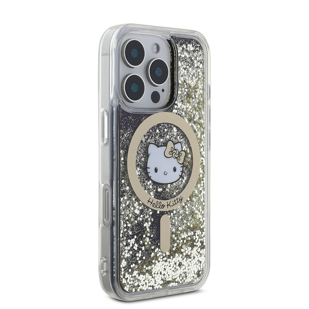 Apple iPhone 16 Pro Max Kılıf Hello Kitty Orjinal Lisanslı Magsafe Şarj Özellikli IML Baskı Kitty Head Logolu Sıvılı Simli Altın Ateşi Kapak Siyah